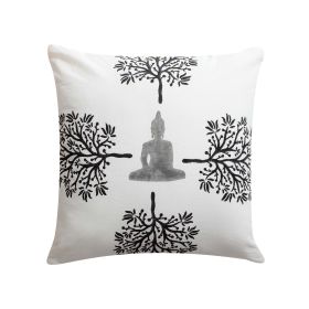 18 x 18 Square Cotton Accent Throw Pillow; Meditating Buddha; Tree Print; White; Black