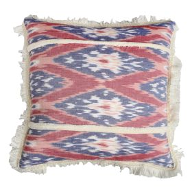 18 x 18 Handcrafted Square Cotton Accent Throw Pillow; Floral Ikat Dyed Pattern; Fringe Accent; Multicolor