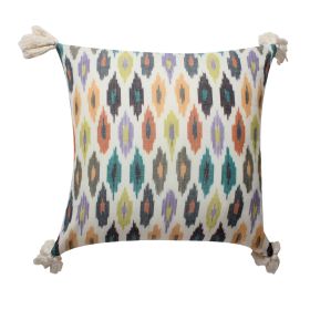 18 x 18 Handcrafted Square Cotton Accent Throw Pillow; Abstract Art Deco Ikat Dyed Pattern; Tassels; Multicolor