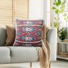 18 x 18 Handcrafted Square Cotton Accent Throw Pillow; Floral Ikat Dyed Pattern; Fringe Accent; Multicolor
