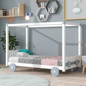 Twin Size Canopy Car-Shaped Platform Bed,Natural+Brown(Expected Arrival Time:7.25) (Color: White)